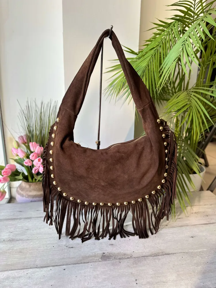 Borsa Spalla con Borchie Dorate Frange Pelle Scamosciata Marrone MARLA