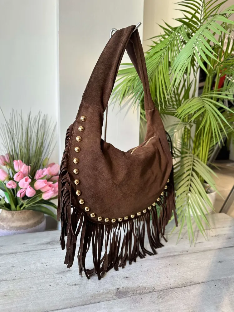 Borsa Spalla con Borchie Dorate Frange Pelle Scamosciata Marrone MARLA