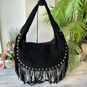 Borsa Spalla con Borchie Dorate Frange Pelle Scamosciata Nera MARLA