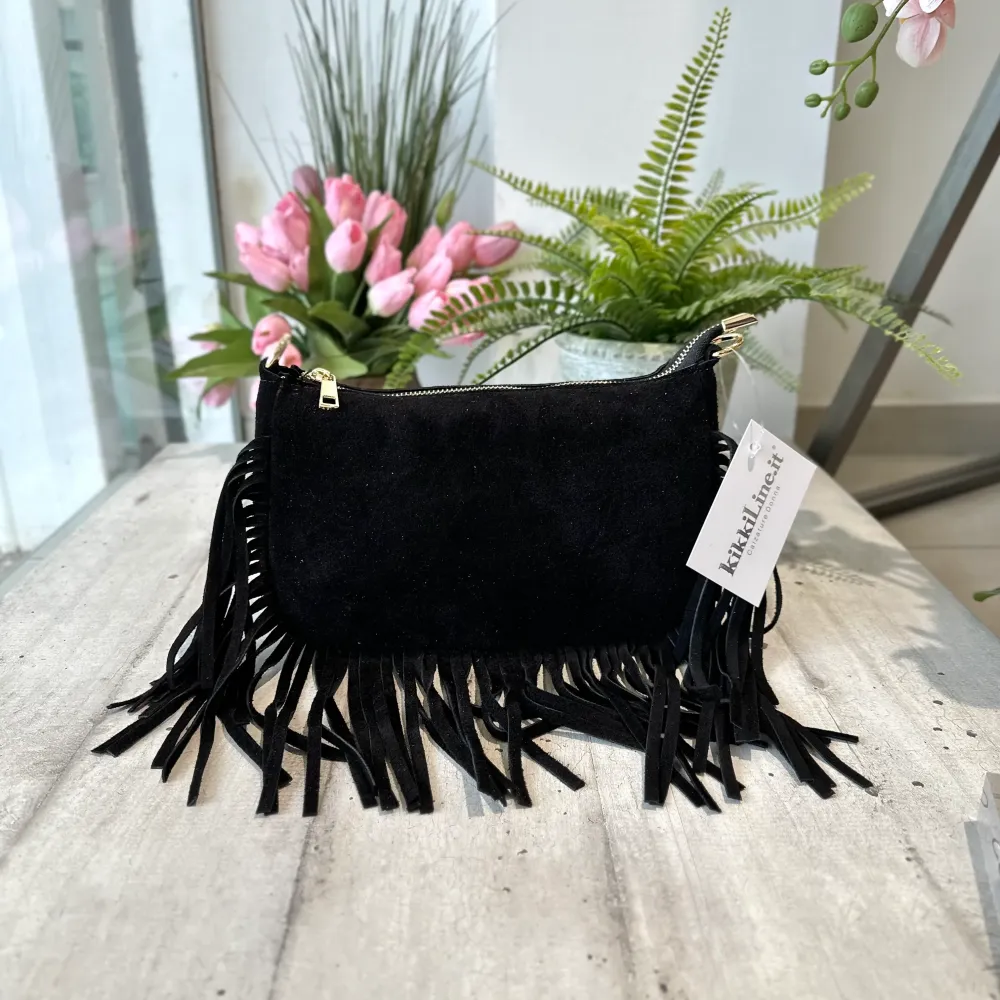 Borsetta Spalla con Frangia Baguette Pelle Scamosciata 2 Tracolle Interne "DOLLY"Nera