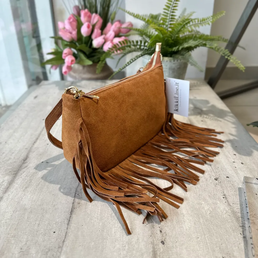 Borsetta Spalla con Frangia Baguette Pelle Scamosciata 2 Tracolle Interne "DOLLY"Cuoio
