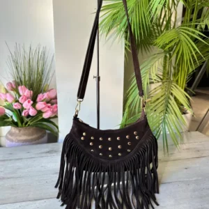 Borsetta Tracolla Indiana con Borchie Frange Scamosciata Vera Pelle Marrone KRISTA