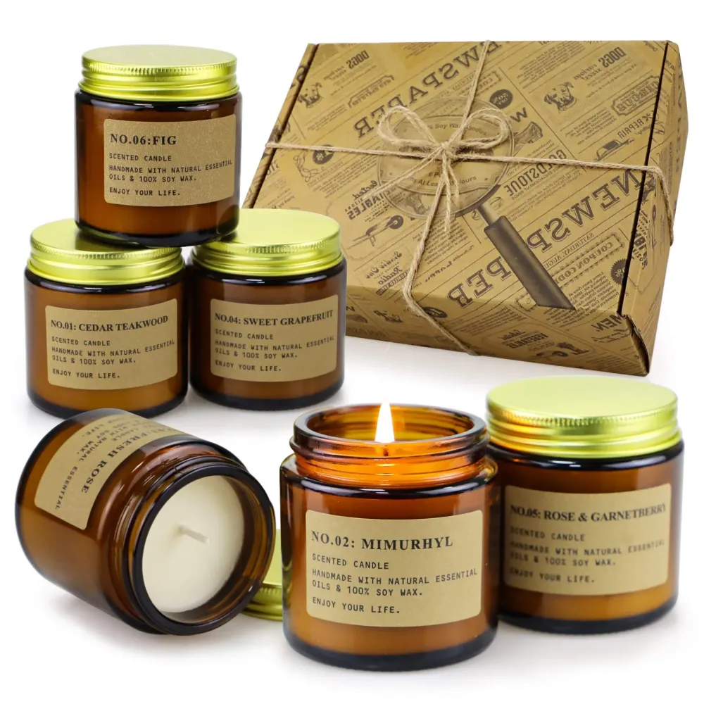 Candele Profumate Set di 6 Pezzi Vetro, 600g Cera di Soia Profumo di Rose, Legno di teak, Grapfruit Aromaterapia Set Cande...