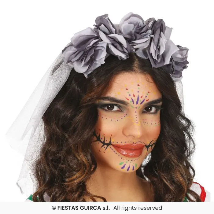 CERCHIETTO FIORI GRIGI E VELO EL DIA DE LOS MUERTOS