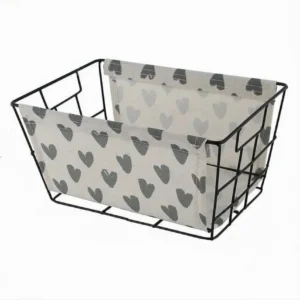 Cesto Porta Oggetti Ferro Tessuto Stampa Cuori Grigi Manici 30x20x15 Cm 10619