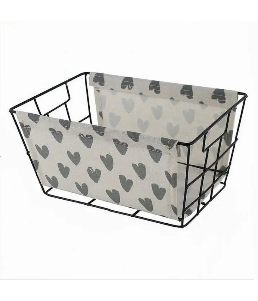 Cesto Porta Oggetti Ferro Tessuto Stampa Cuori Grigi Manici 30x20x15 Cm 10619