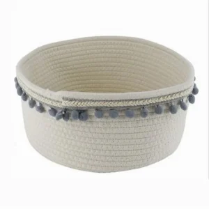 Cesto Porta Oggetti Per Biancheria Corda Pon Pon Grigi Cestino 30x14 Cm 10671
