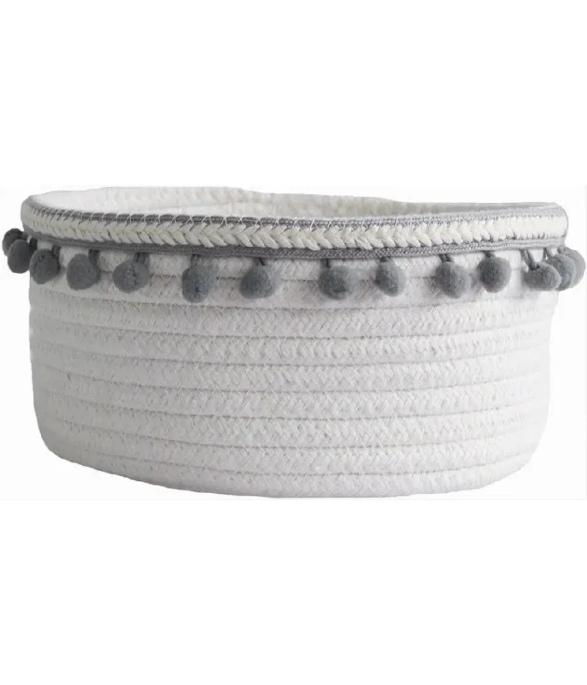 Cesto Porta Oggetti Per Biancheria Corda Pon Pon Grigi Cestino 30x14 Cm 10671