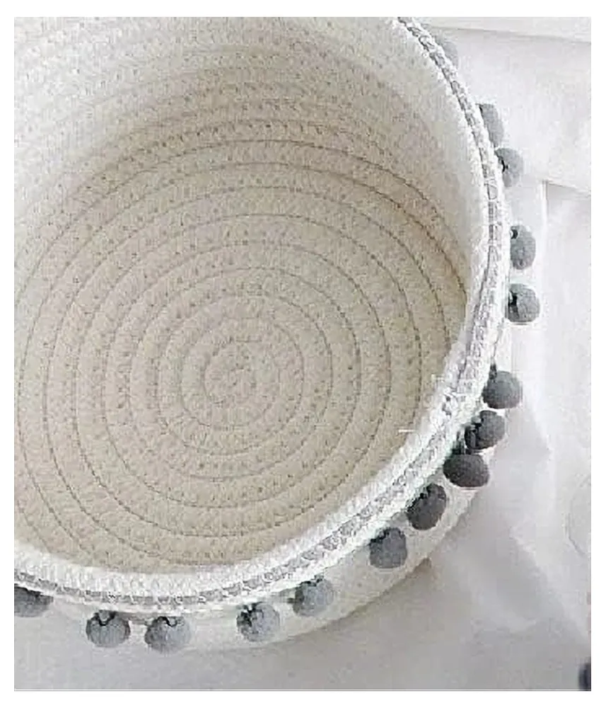 Cesto Porta Oggetti Per Biancheria Corda Pon Pon Grigi Cestino 30x14 Cm 10671