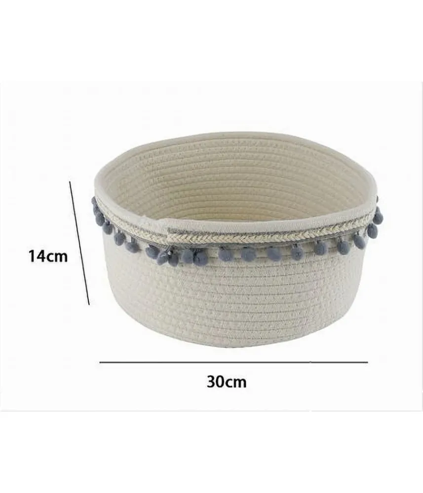 Cesto Porta Oggetti Per Biancheria Corda Pon Pon Grigi Cestino 30x14 Cm 10671