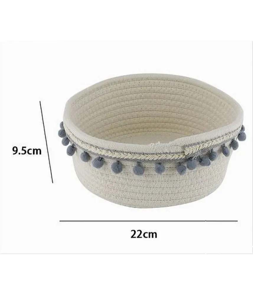 Cesto Porta Oggetti Per Biancheria Corda Pon Pon Grigi Cestino 22x9.5cm 10670