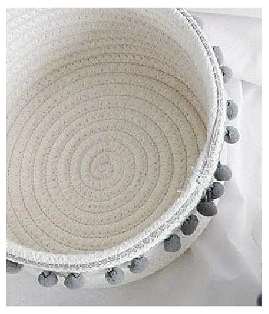 Cesto Porta Oggetti Per Biancheria Corda Pon Pon Grigi Cestino 22x9.5cm 10670