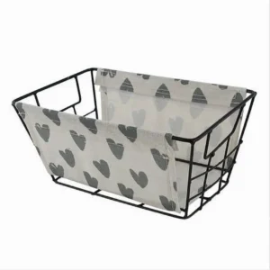 Cesto Portaoggetti Ferro Tessuto Stampa Cuori Grigi Manici 25x15x12cm 10616