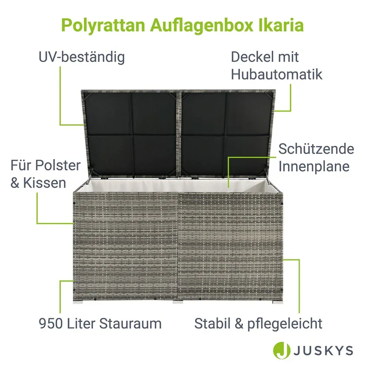 Contenitore per cuscini polyrattan Ikaria grigio con coperchio 950 litri