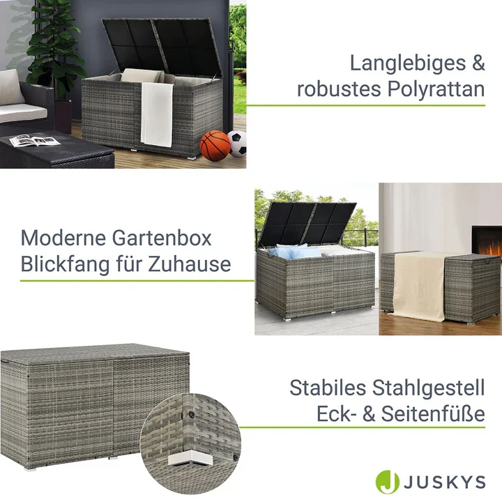 Contenitore per cuscini polyrattan Ikaria grigio con coperchio 950 litri