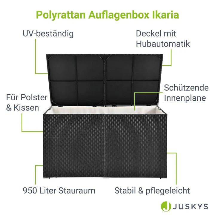 Contenitore per cuscini polyrattan Ikaria nero con coperchio 950 litri