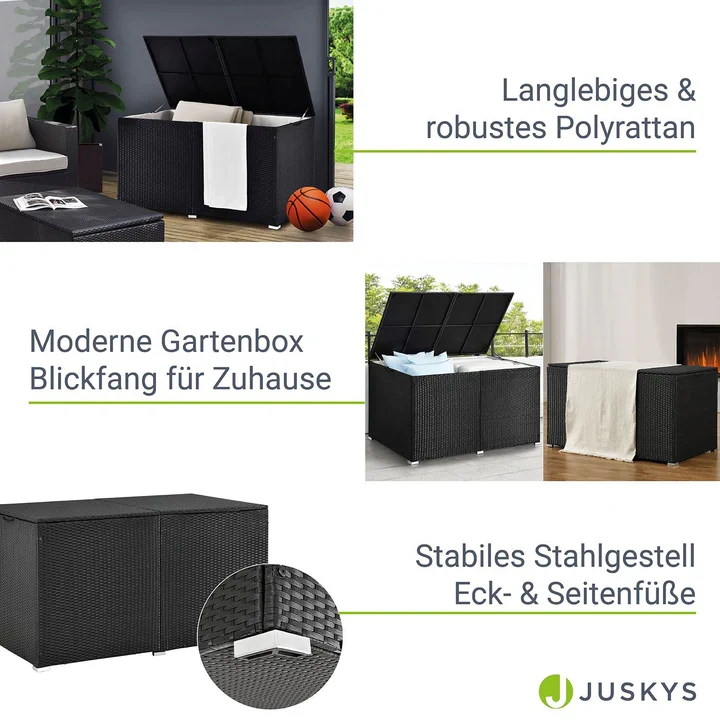 Contenitore per cuscini polyrattan Ikaria nero con coperchio 950 litri