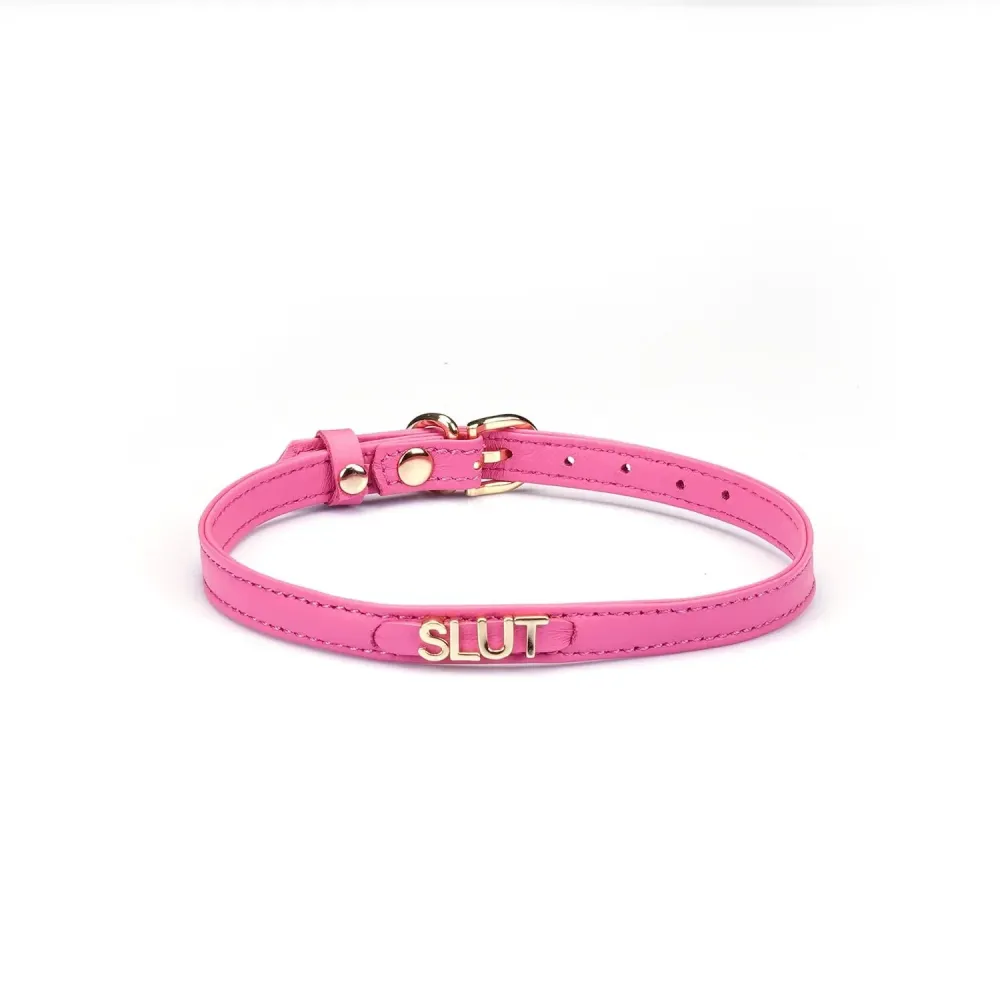 Liebe Seele - Girocollo stretto con lettere d'oro - Slut - Pelle italiana di qualità - Rosa brillante