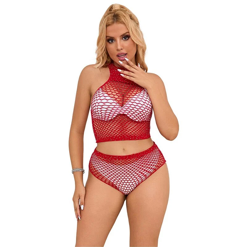 Lingerie Seducente Rete con Strass Rosso Brillante Per Donna