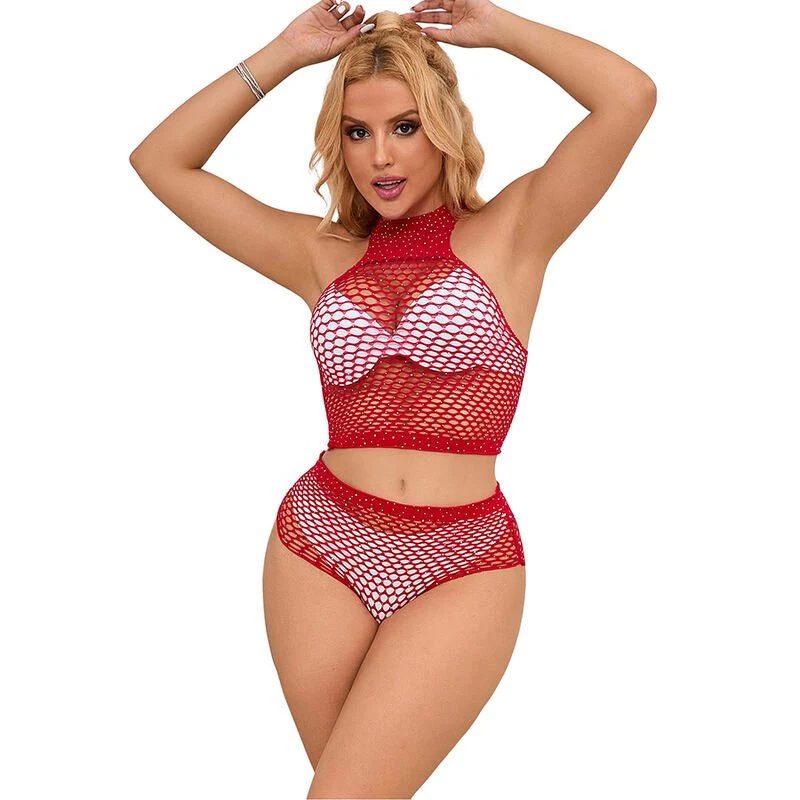 Lingerie Seducente Rete con Strass Rosso Brillante Per Donna