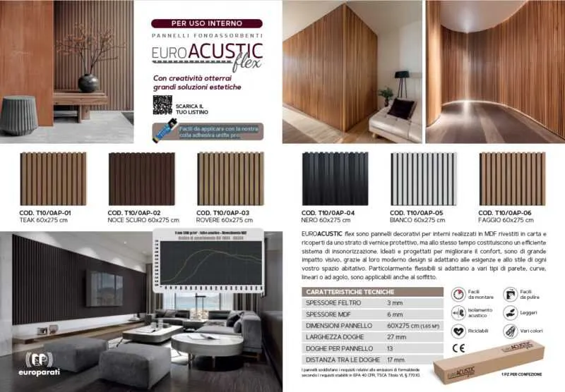 Listelli Euroacustic MDF Teak mis. 275 cm x 60 cm modello FLESSIBILE