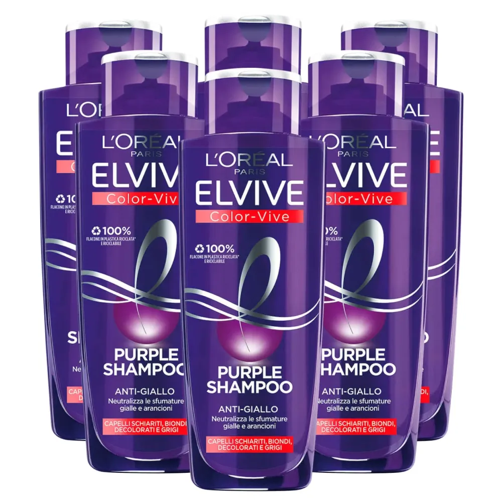 6x L'Oréal Paris Elvive Color Vive Purple Shampoo Anti Giallo per Capelli Biondi Decolorati e Grigi Neutralizza Sfumature...