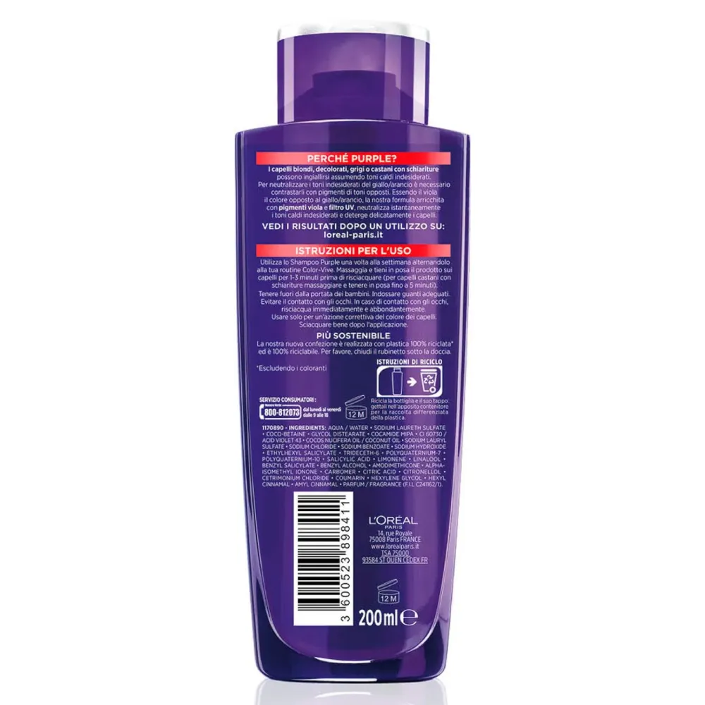 6x L'Oréal Paris Elvive Color Vive Purple Shampoo Anti Giallo per Capelli Biondi Decolorati e Grigi Neutralizza Sfumature...