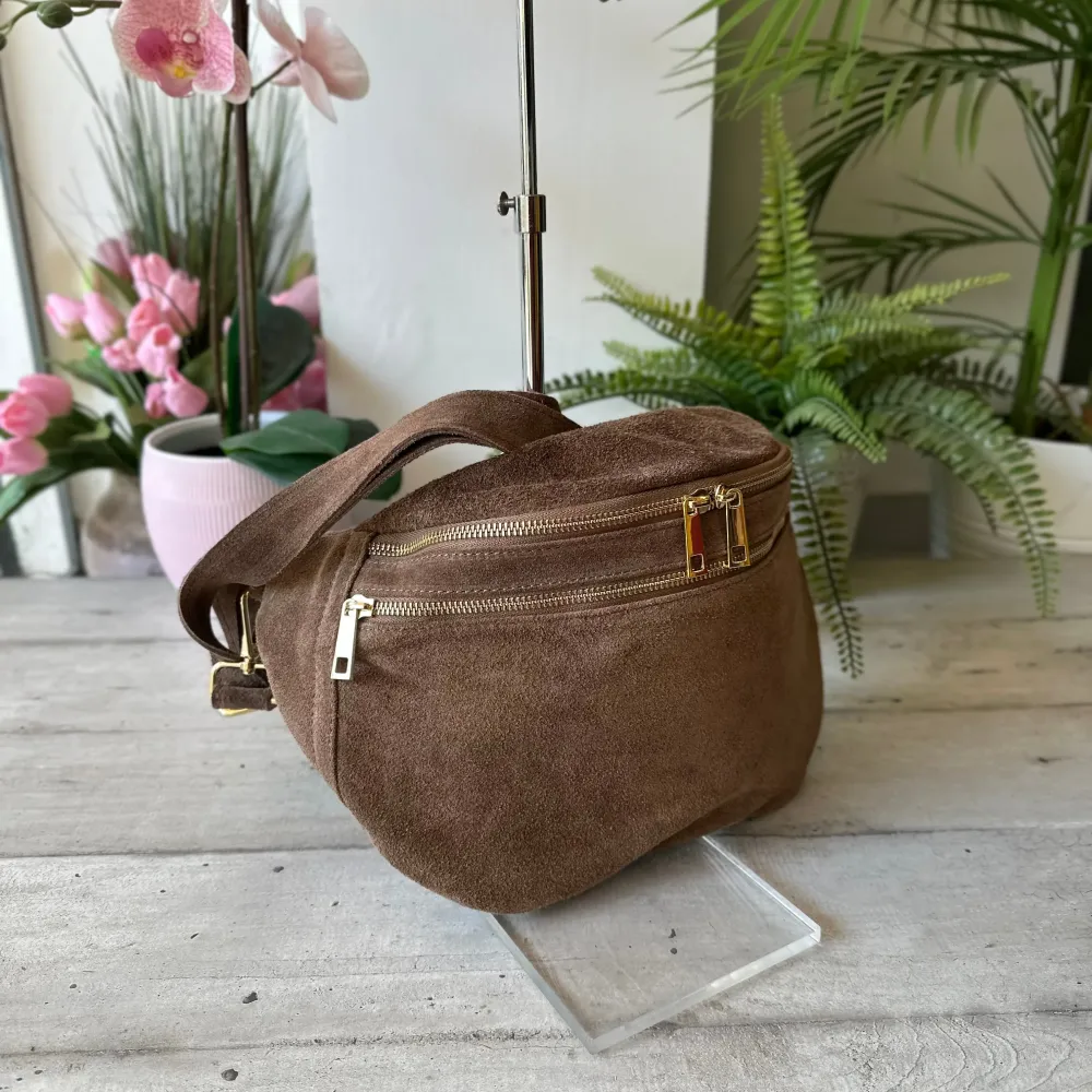 Marsupio Grande con Zip Vera Pelle Scamosciata Zip Dorate Noemi Taupe