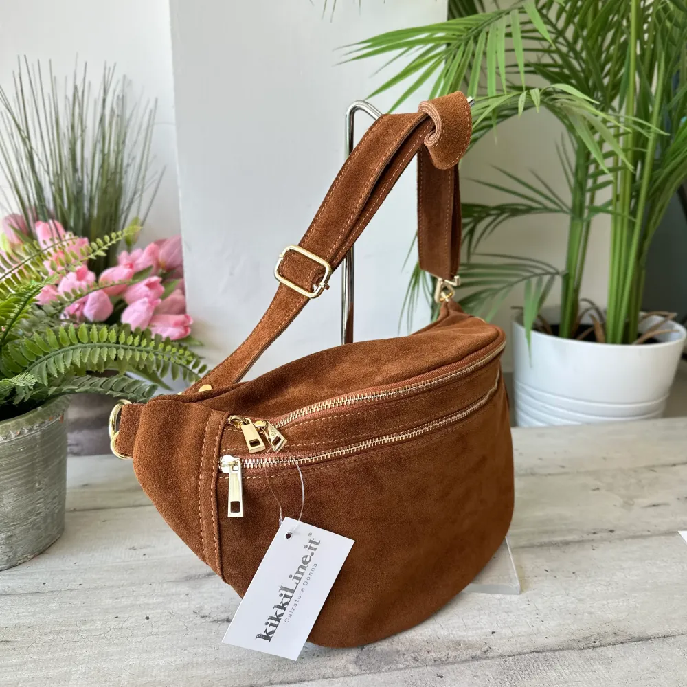 Marsupio Grande con Zip Vera Pelle Scamosciata Zip Dorate Noemi Cuoio