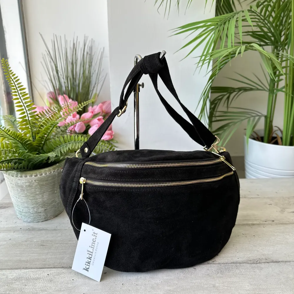Marsupio Grande con Zip Vera Pelle Scamosciata Zip Dorate Noemi