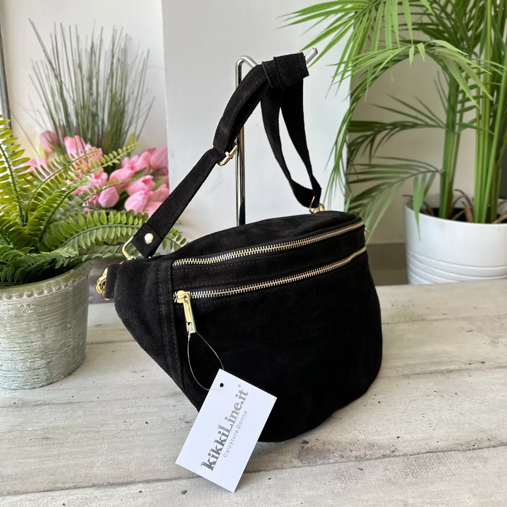 Marsupio Grande con Zip Vera Pelle Scamosciata Zip Dorate Noemi