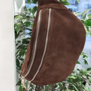 Maxi Marsupio Grande con Zip Vera Pelle Scamosciata Marrone Zip Dorate Noemi