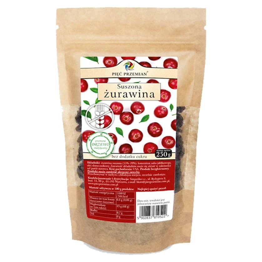 Mirtilli rossi essiccati, dolcificati con succo di mela di Five Przemian, 250 g