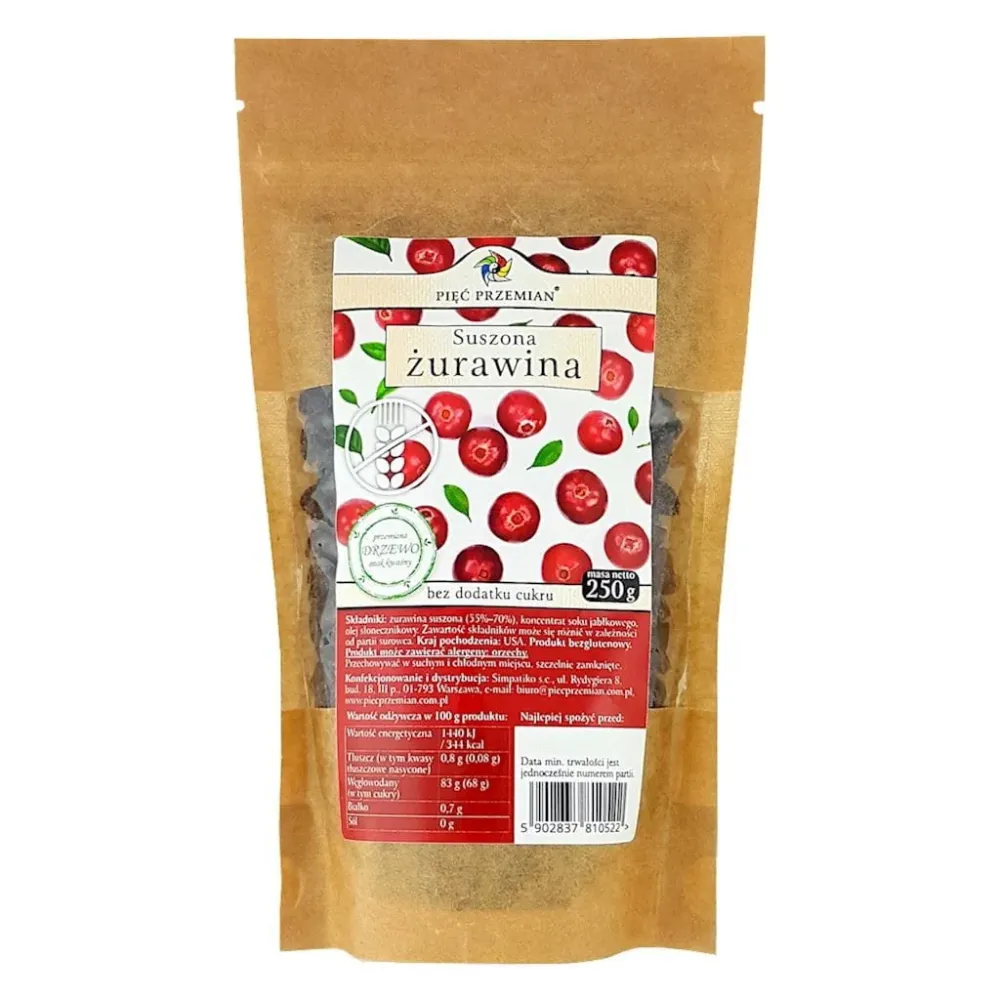 Mirtilli rossi essiccati zuccherati al succo di mela diluito senza zucchero senza glutine 250g CINQ CHANGEMENTS