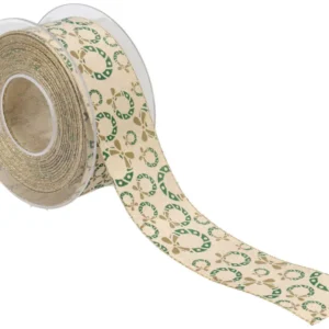 Nastro regalo natalizio ghirlande dorato, verdi e panna 4 cm x 15 m - Sirene