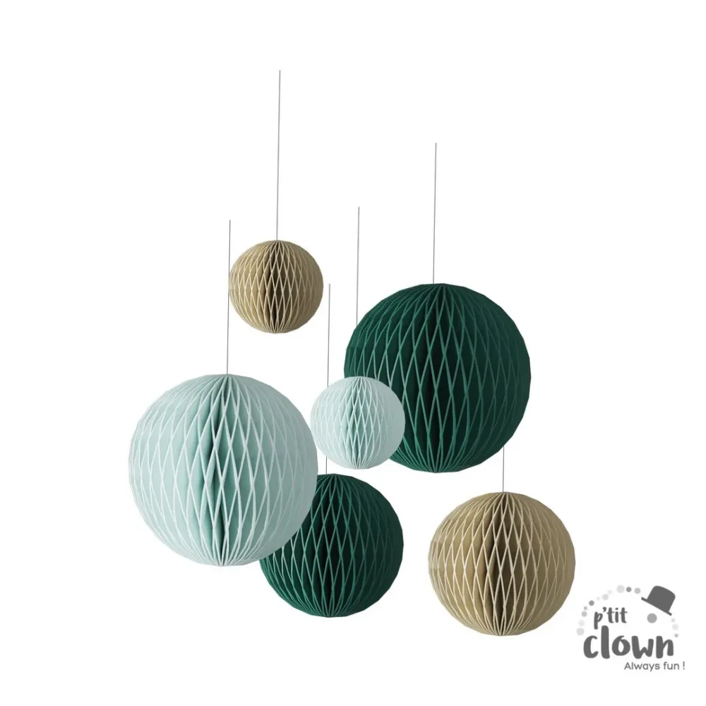 Palline nido d'ape con spago e cuscinetti adesivi, verdi, 35 cm, confezione da 6