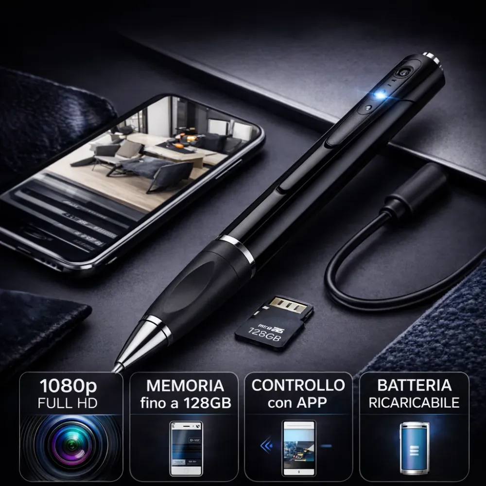 Penna Microcamera WiFi HD con Audio Tempo Reale – Registra 1080p con App e Memoria fino 128GB