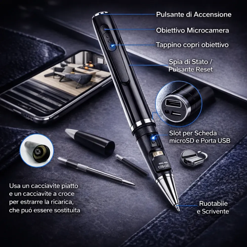 Penna Microcamera WiFi HD con Audio Tempo Reale – Registra 1080p con App e Memoria fino 128GB