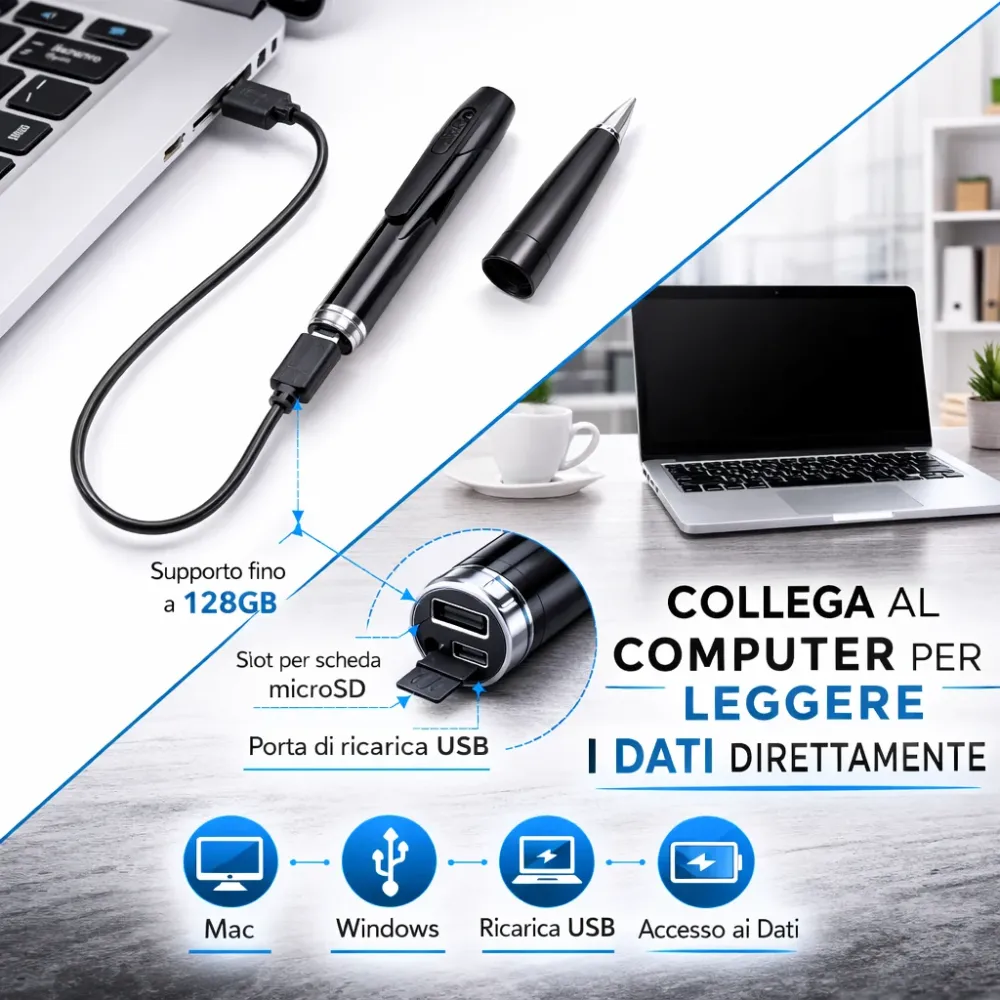 Penna Microcamera WiFi HD con Audio Tempo Reale – Registra 1080p con App e Memoria fino 128GB