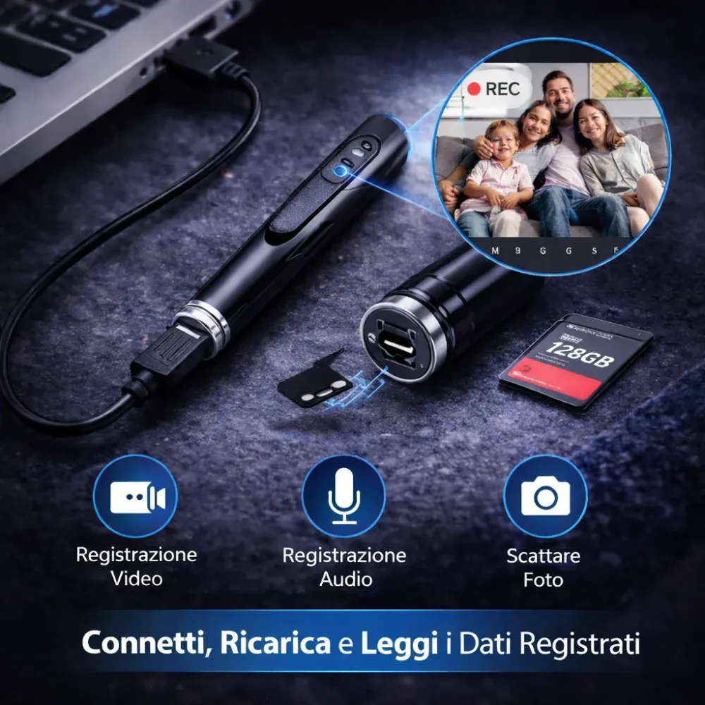 Penna Microcamera WiFi HD con Audio Tempo Reale – Registra 1080p con App e Memoria fino 128GB