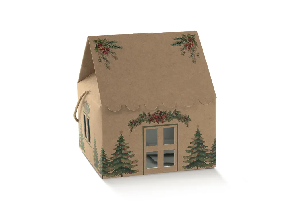 Pini verdi scatola casa con cordini 20x14x14cm avana