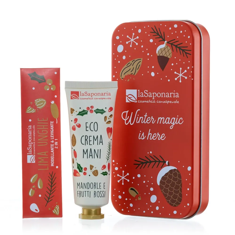 Scrigno "Festa" - Crema Mani Mandorle e Frutti Rossi + Limetta unghie - La Saponaria