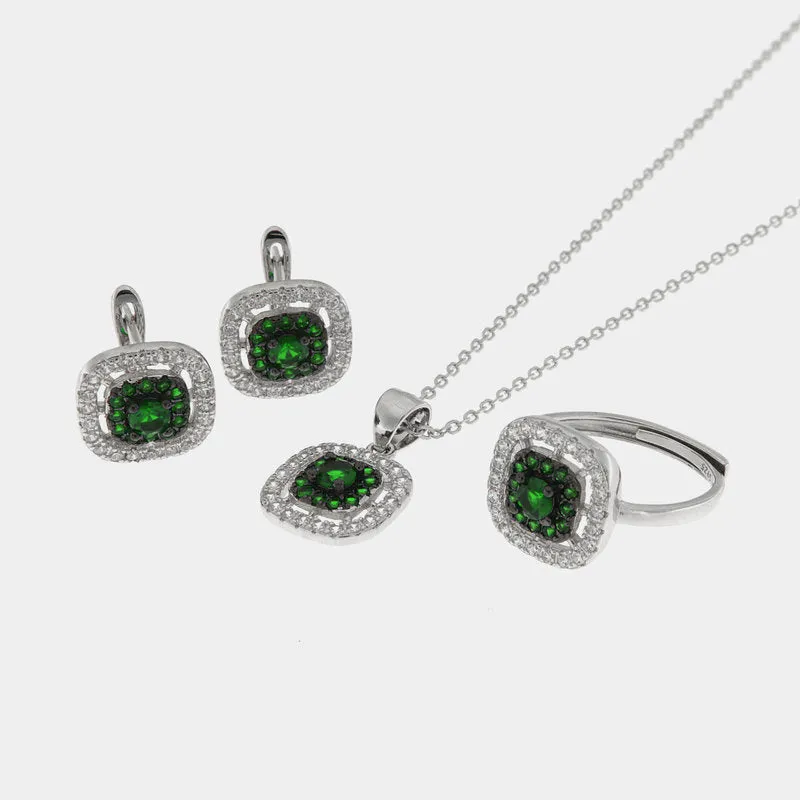 Set Argento 925 con forma quadrata impreziosita zirconi verdi e bianchi