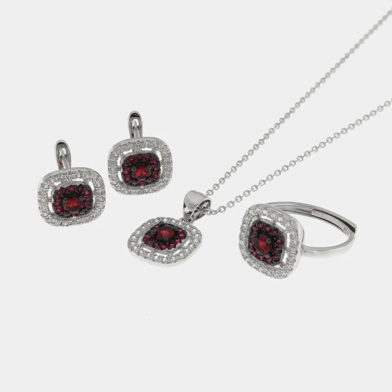 Set Argento 925 con forma quadrata impreziosita zirconi rossi e bianchi