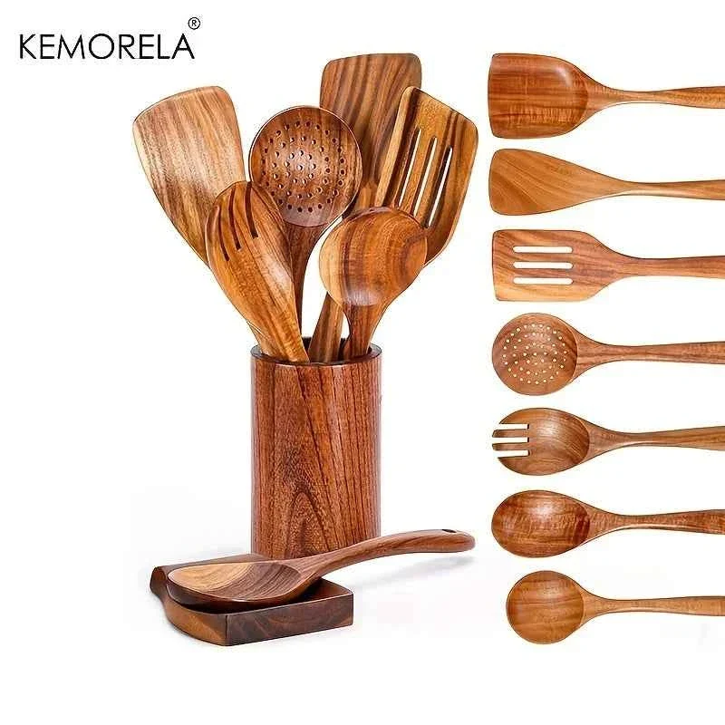 Set 9 Cucchiai e Utensili da Cucina Legno di Teak con Porta Utensili Incluso