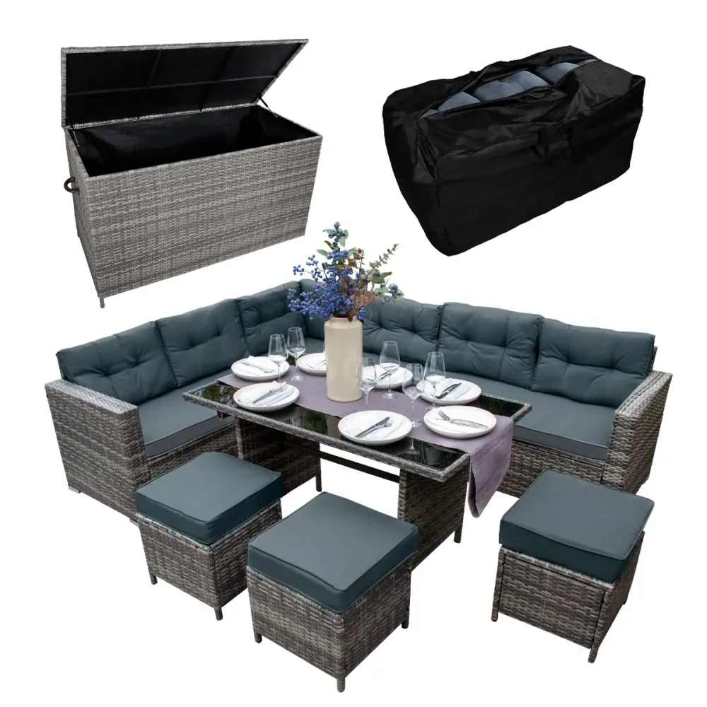 Set d'angolo rattan e box per riporre i cuscini – Grigio