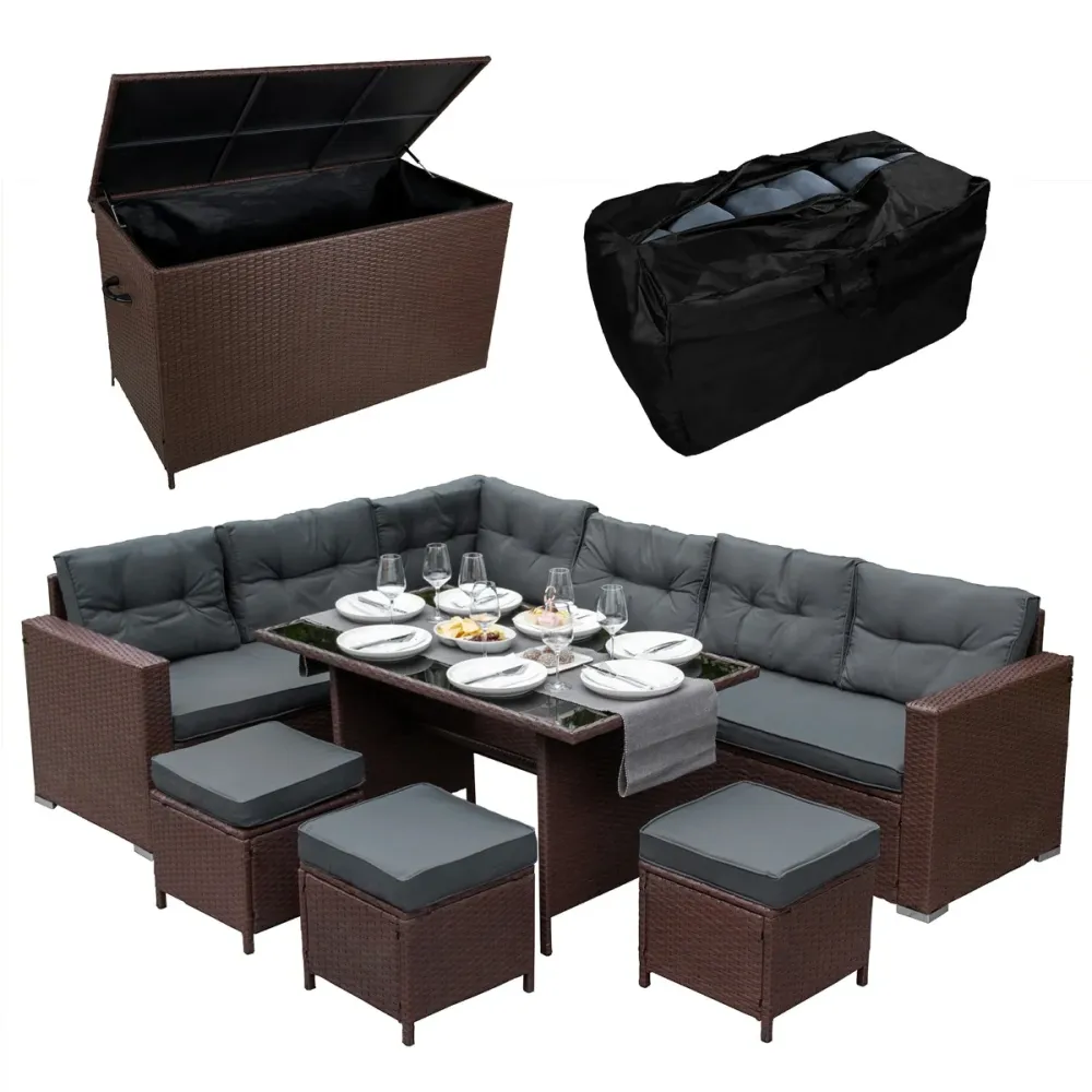 Set d'angolo rattan e box per riporre i cuscini - Marrone