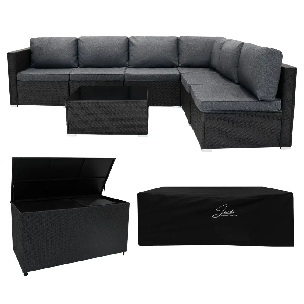 Set Divani Rattan 7 Pezzi con Tavolino & Baule 996L da Giardino - Nero