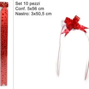 Set 10 Pezzi Coccarda Fiocco Con Cuori Rossi Nastro Autotiranti 50,5 X 3 Cm