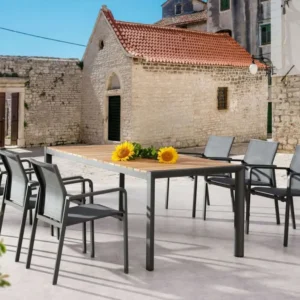 Set tavolo da giardino 7 pezzi con sedie Rhodes + tavolo Paros alluminio e teak, 210x90 cm - antracite